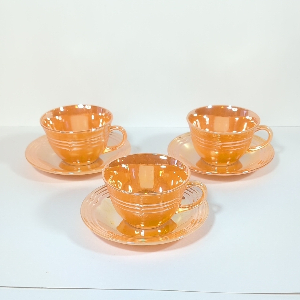 Fire King Set of Three Lustre Teacups with Saucers Vintage